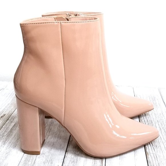 New Nude Chunky Heel Point Toe Booties Boots - Picture 2 of 4